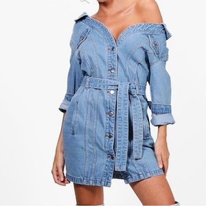 Off the shoulder denim shirt dress